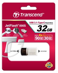 Накопитель Transcend 32GB USB 3.1 Type-A + Type-C 890 R90/W30MB/s Metal Silver TS32GJF890S фото